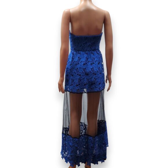 Boston Proper Sheer Mesh Illusion Black Blue Lace Maxi Dress Strapless Size 0 - Picture 3 of 16